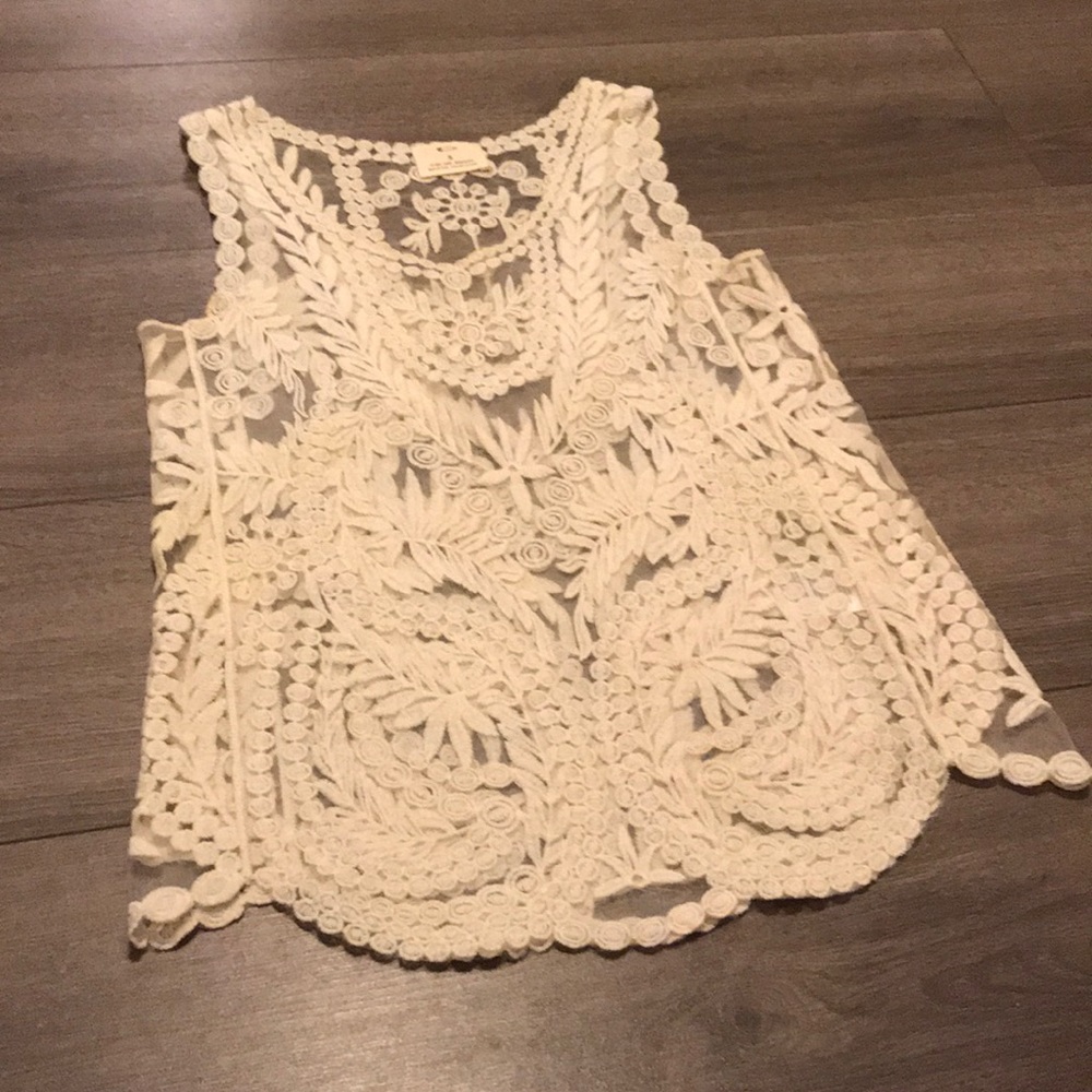 Ivory embroidered mesh tank